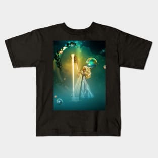 Beautiful fairy playing a harp in the sky Kids T-Shirt